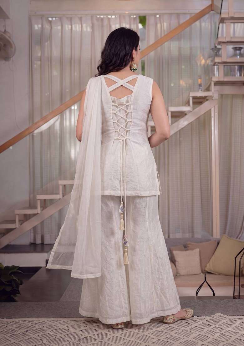 White Embroidery Fendi Sharara Set - Indya