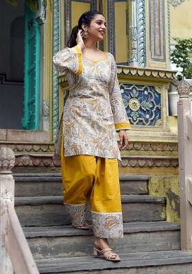 Yellow Embroidery Crepe Farshi Kurta Set