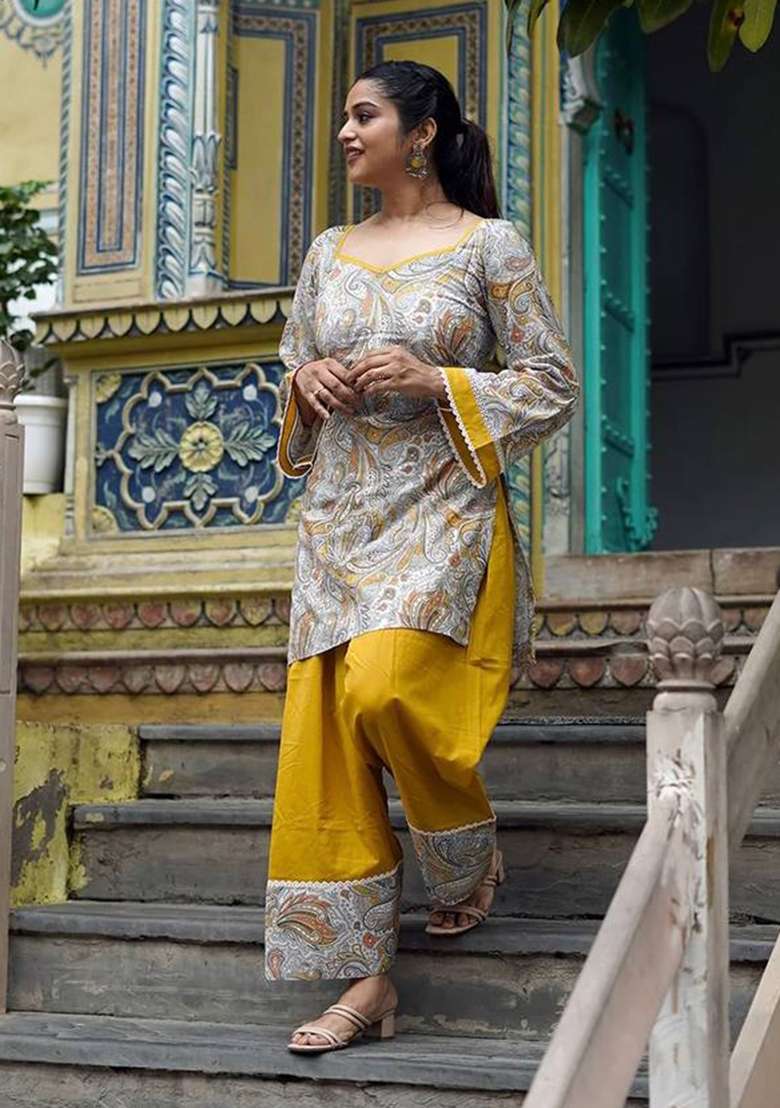 Yellow Embroidery Crepe Farshi Kurta Set - Indya