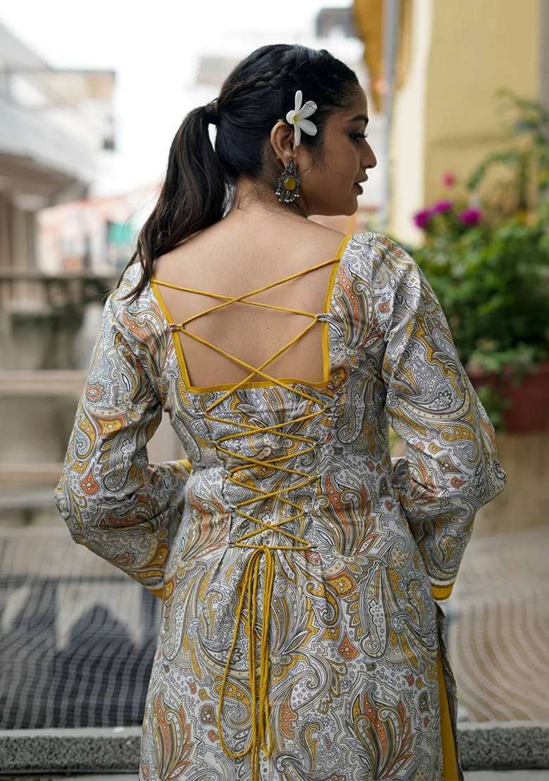 Yellow Embroidery Crepe Farshi Kurta Set - Indya