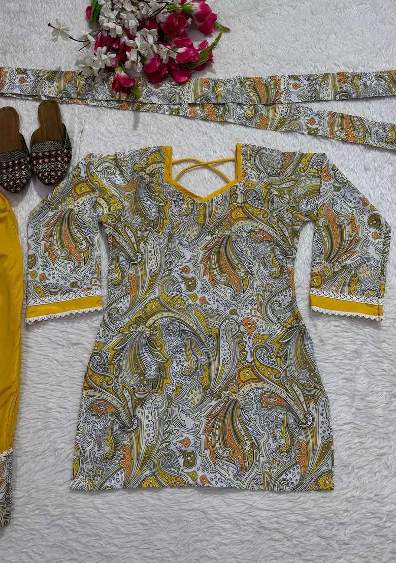 Yellow Embroidery Crepe Farshi Kurta Set - Indya