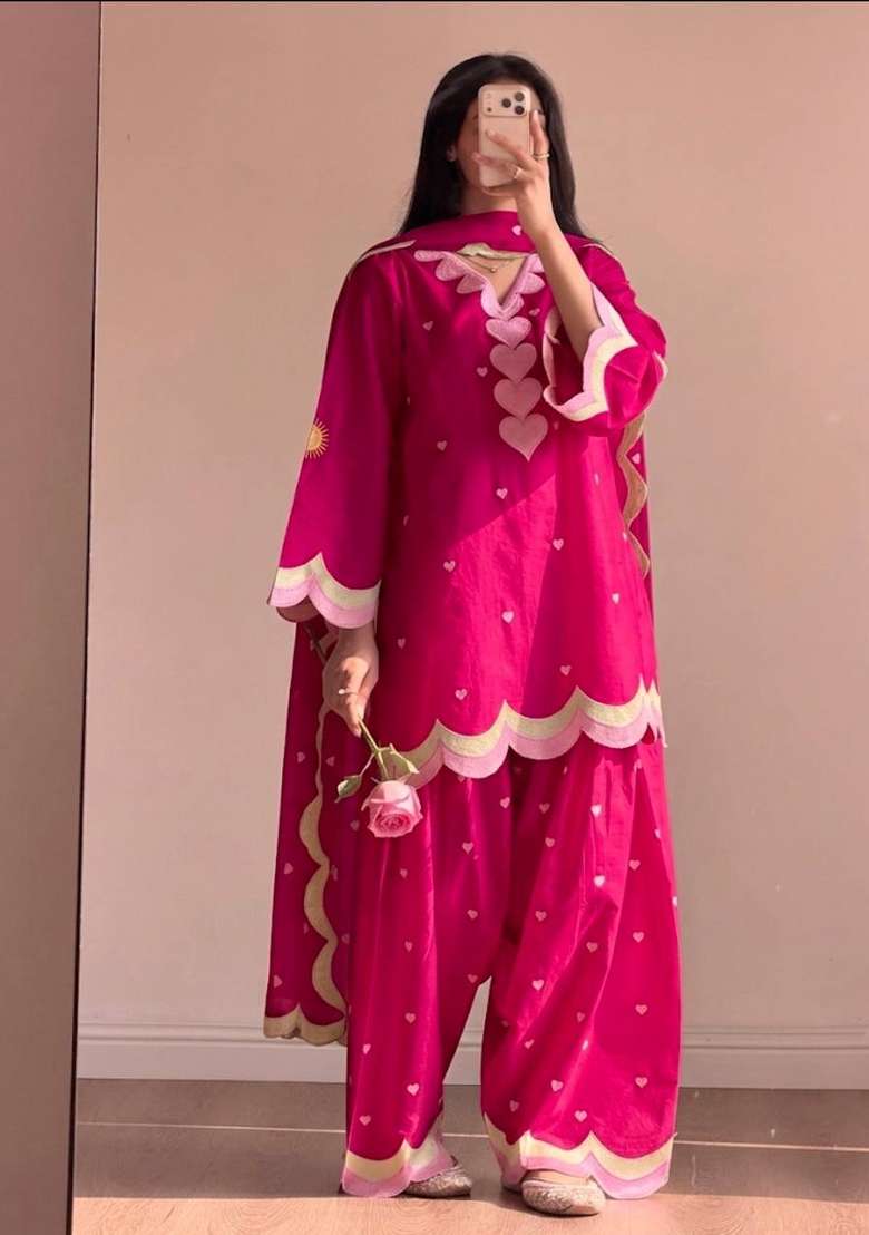 Rani Pink Embroidery Cotton Farshi Kurta Set - Indya
