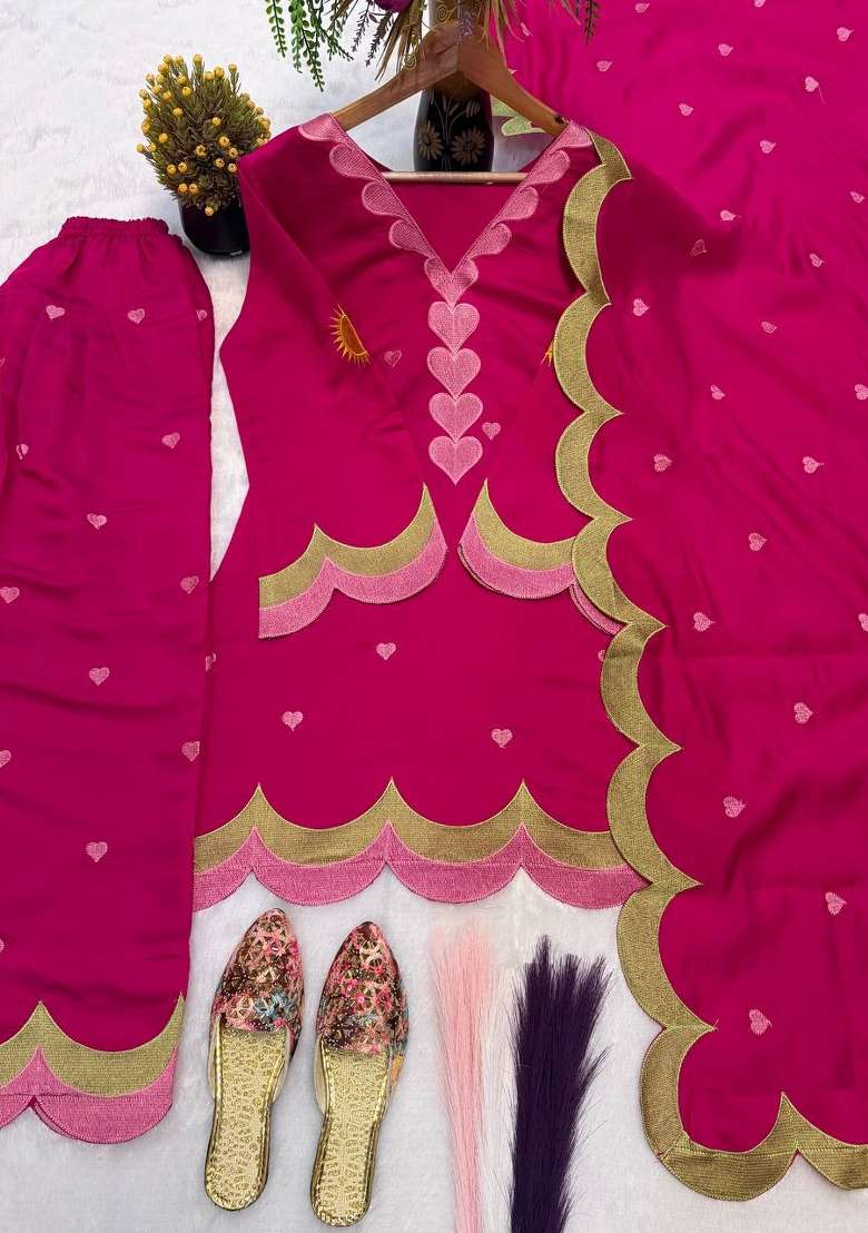 Rani Pink Embroidery Cotton Farshi Kurta Set - Indya