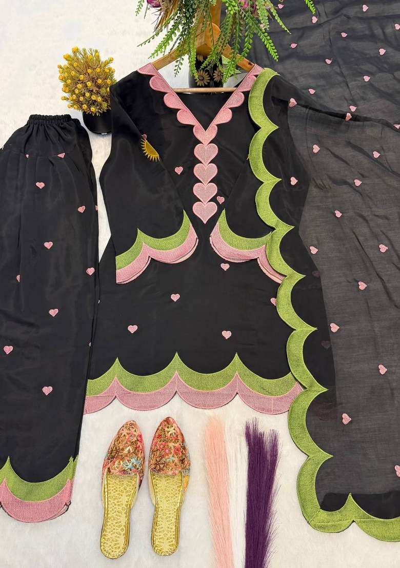 Black Embroidery Cotton Farshi Kurta Set - Indya