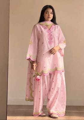 Pink Embroidery Cotton Farshi Kurta Set