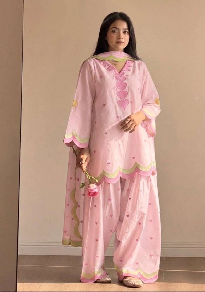 Pink Embroidery Cotton Farshi Kurta Set - Indya