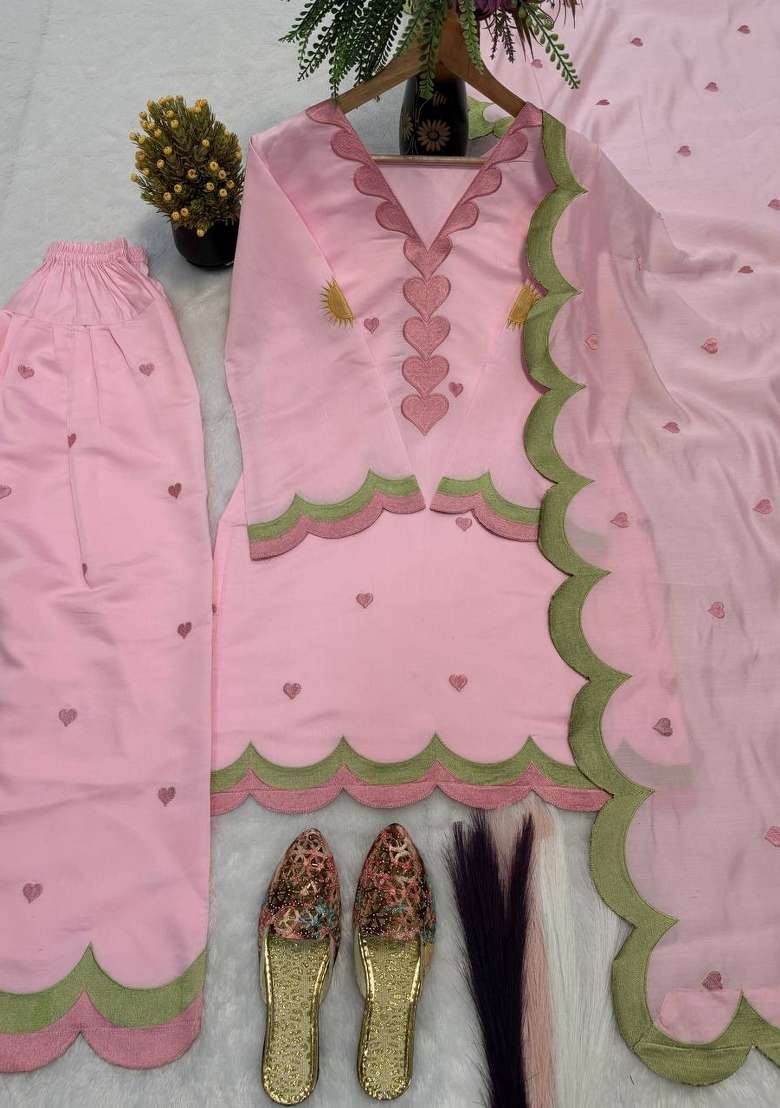 Pink Embroidery Cotton Farshi Kurta Set - Indya