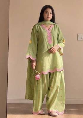 Pista Green Embroidery Cotton Farshi Kurta Set