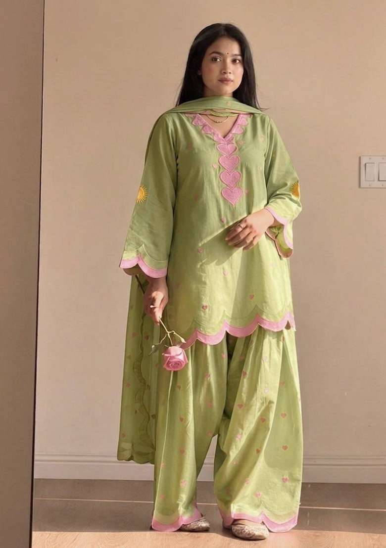 Pista Green Embroidery Cotton Farshi Kurta Set - Indya