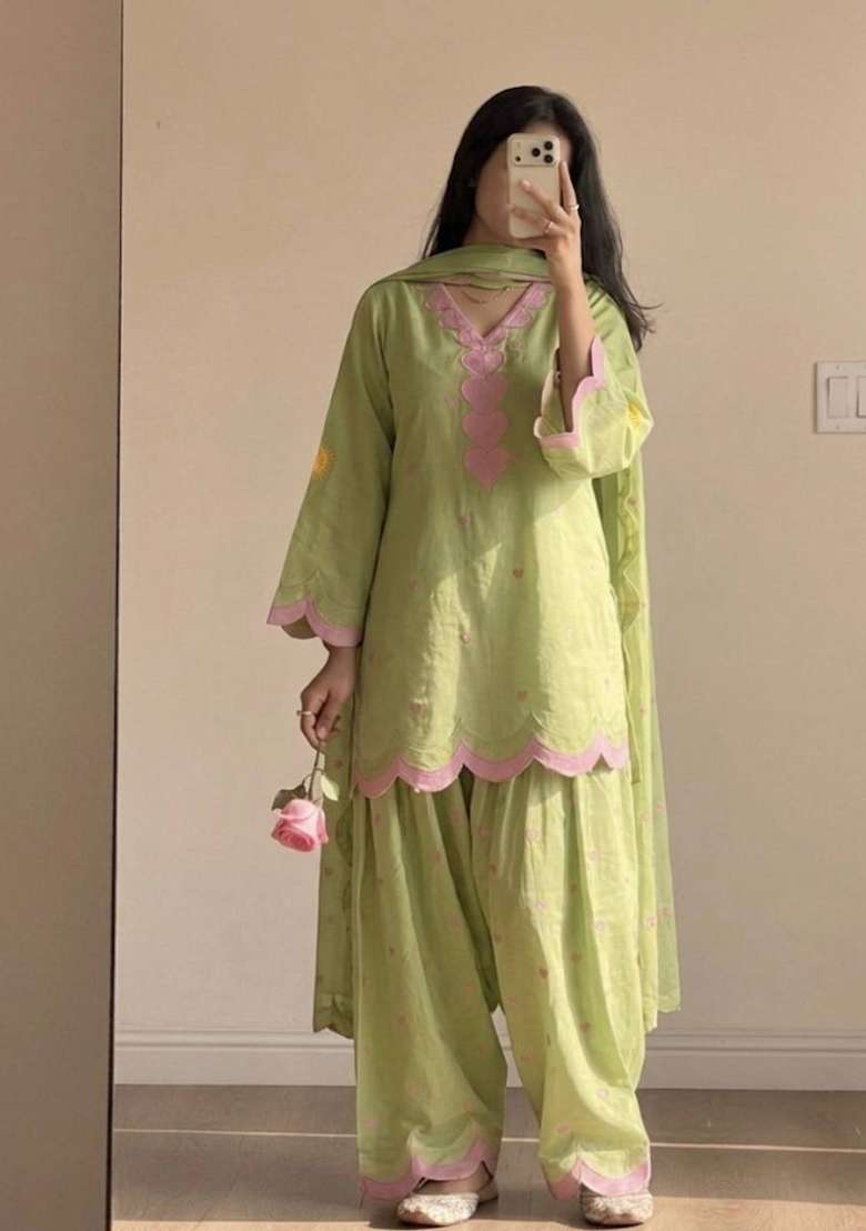 Pista Green Embroidery Cotton Farshi Kurta Set - Indya