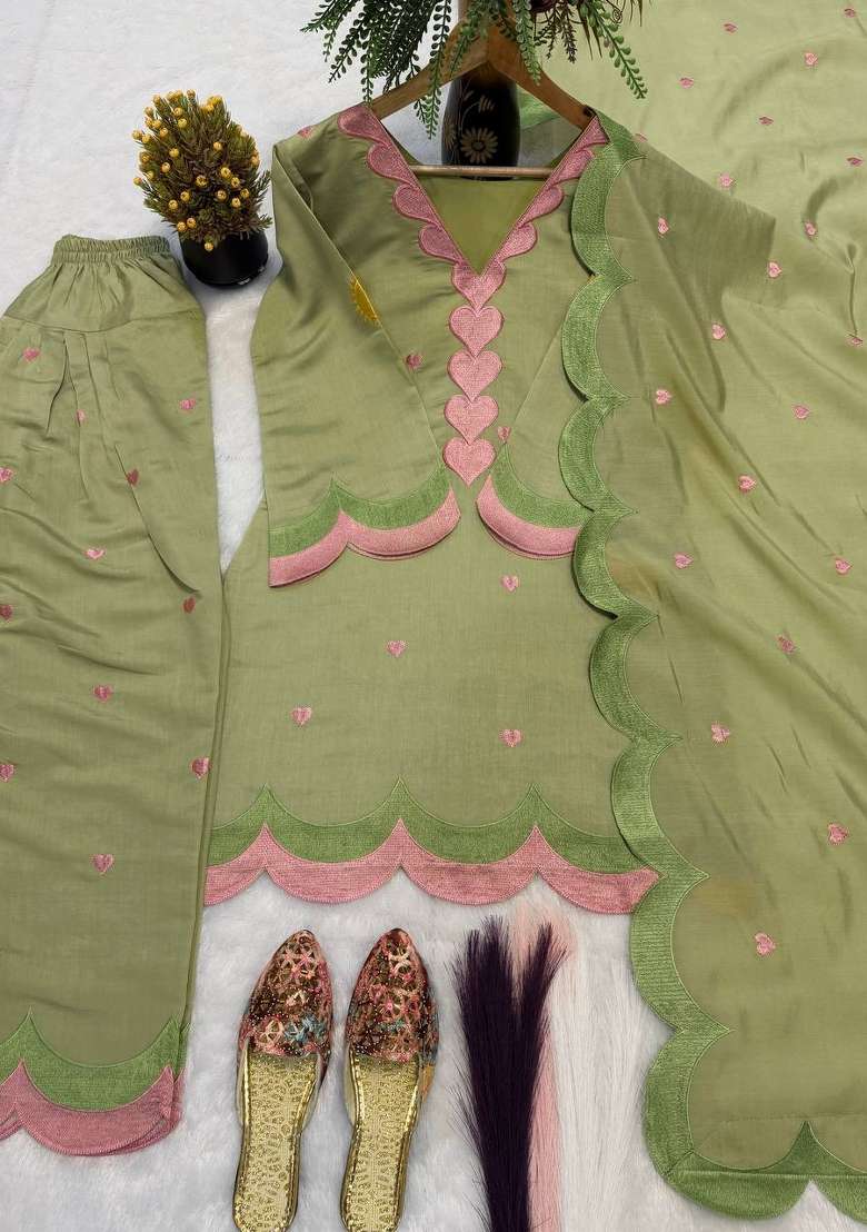 Pista Green Embroidery Cotton Farshi Kurta Set - Indya