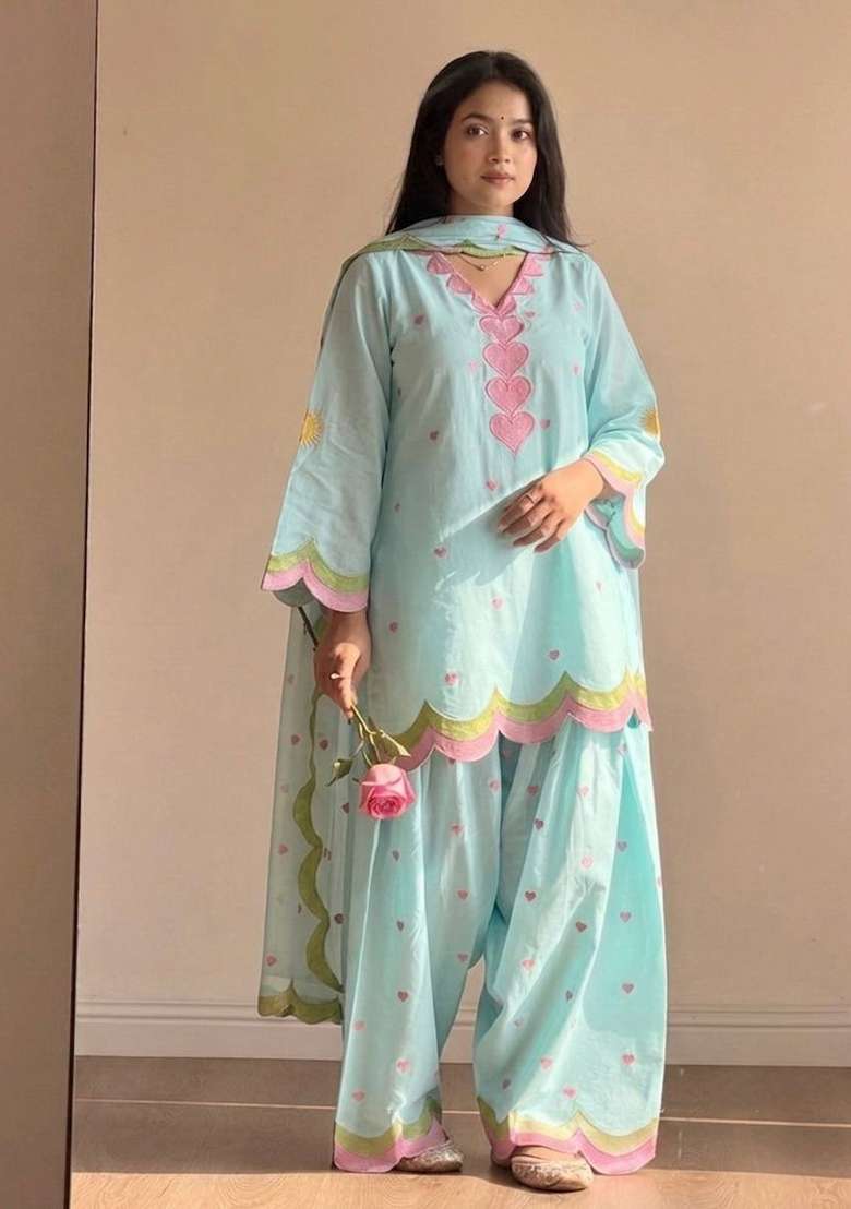 Sky Blue Embroidery Cotton Farshi Kurta Set - Indya