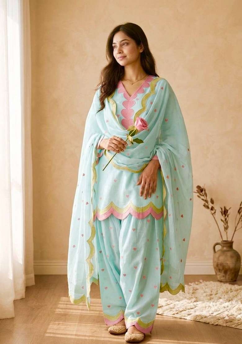 Sky Blue Embroidery Cotton Farshi Kurta Set - Indya