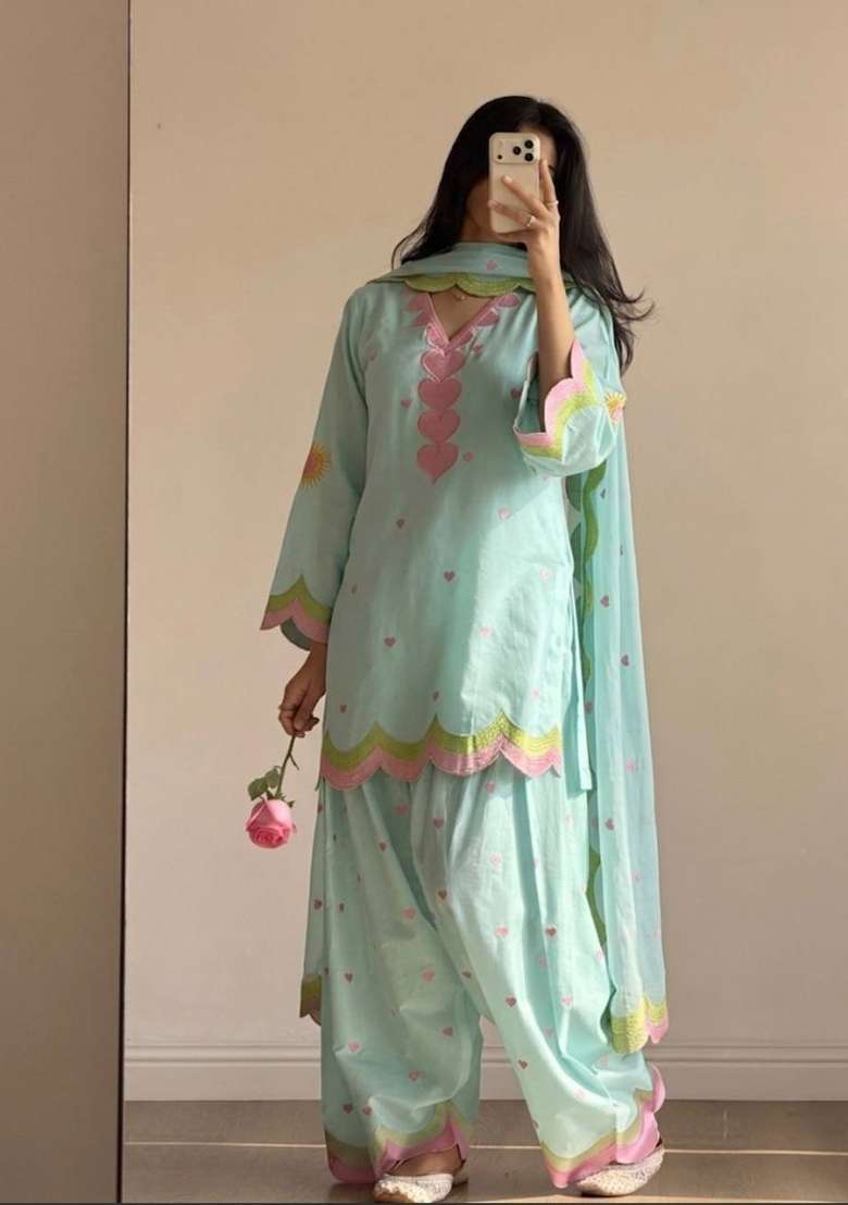 Sky Blue Embroidery Cotton Farshi Kurta Set - Indya