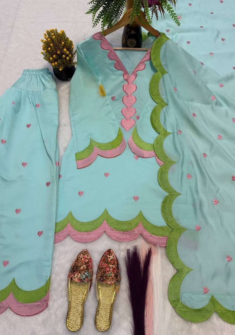 Sky Blue Embroidery Cotton Farshi Kurta Set - Indya
