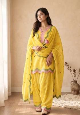 Yellow Embroidery Cotton Farshi Kurta Set