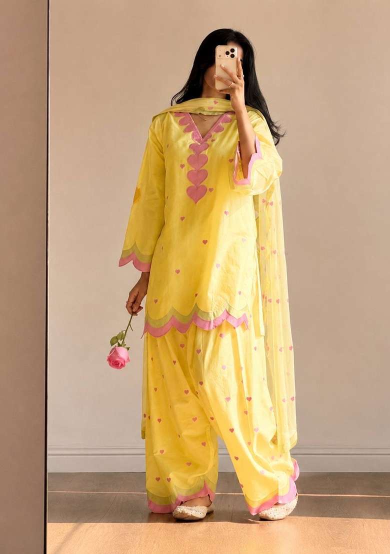Yellow Embroidery Cotton Farshi Kurta Set - Indya