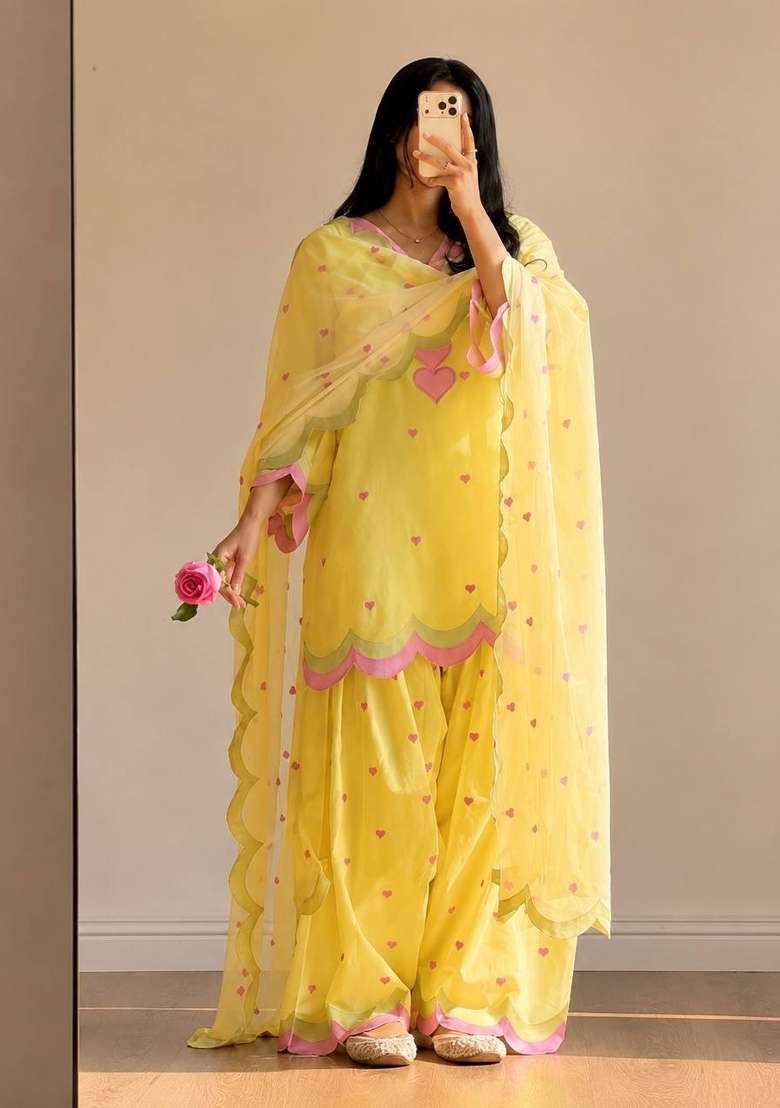 Yellow Embroidery Cotton Farshi Kurta Set - Indya