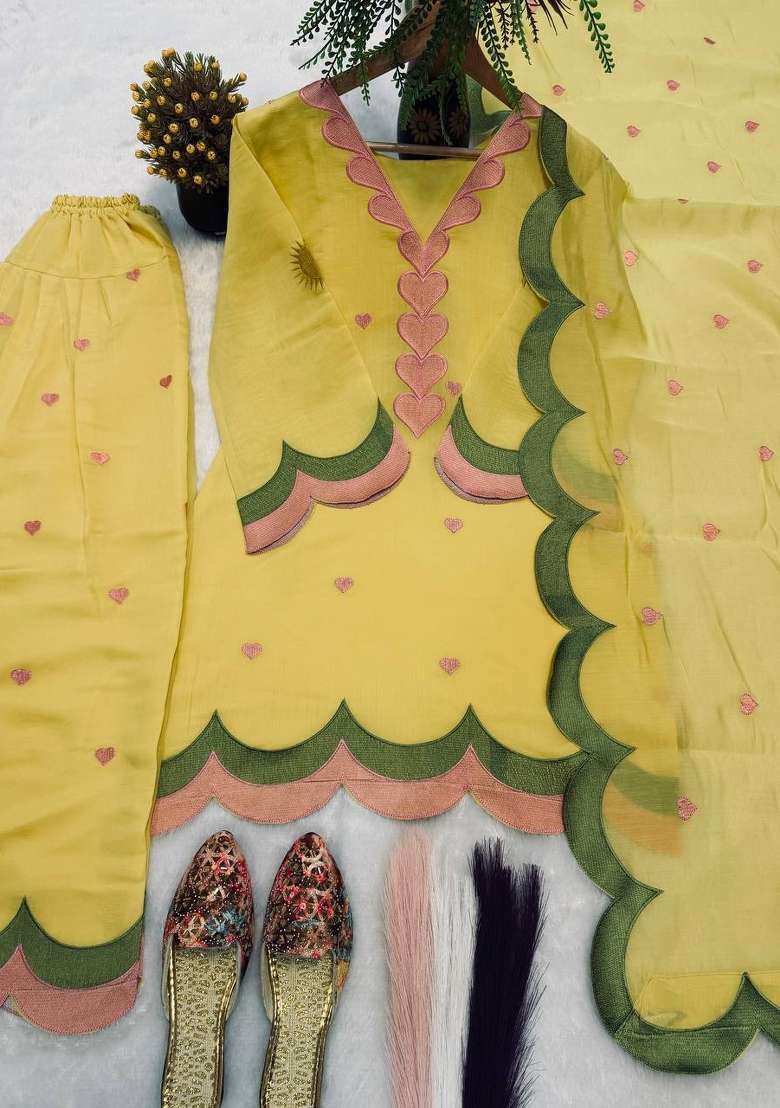 Yellow Embroidery Cotton Farshi Kurta Set - Indya
