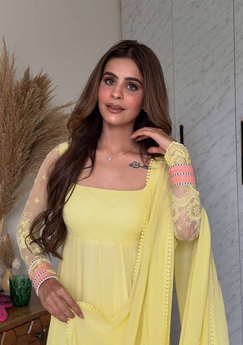 Yellow Embroidery Georgette Anarkali Set - Indya