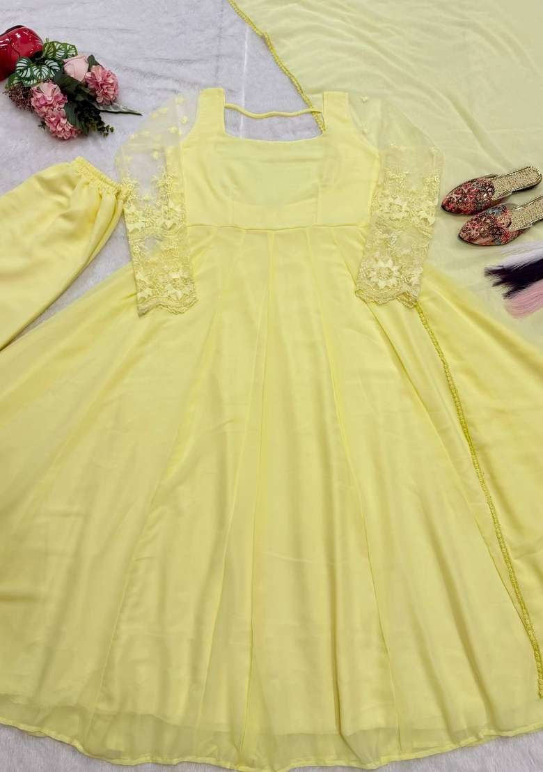 Yellow Embroidery Georgette Anarkali Set - Indya
