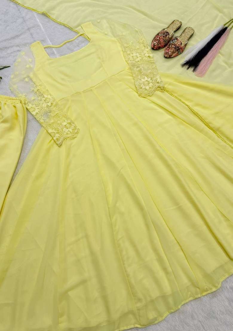 Yellow Embroidery Georgette Anarkali Set - Indya