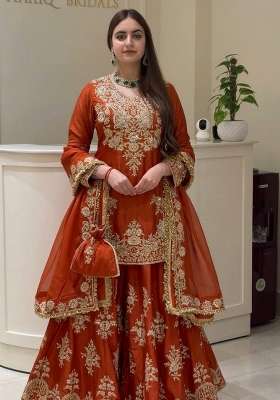 Brown Embroidery Silk Kurta Set