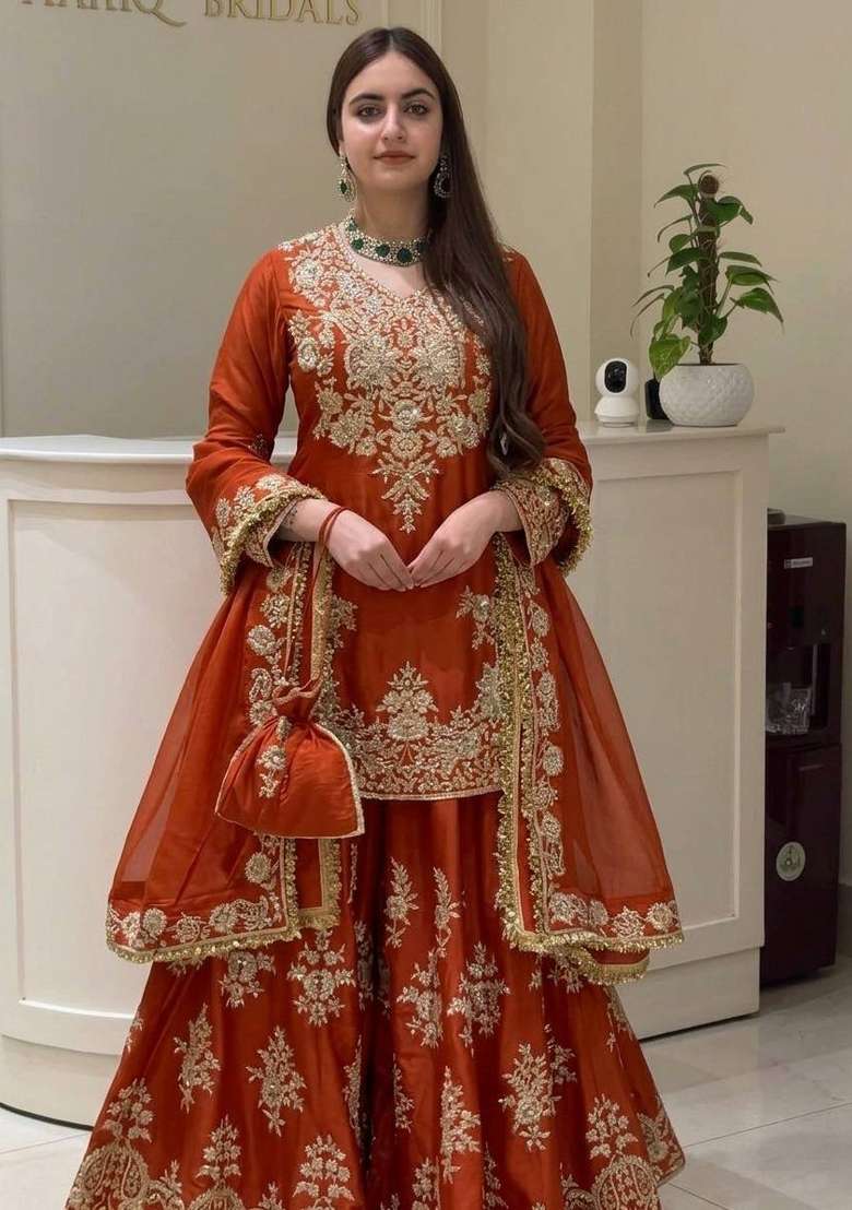Brown Embroidery Silk Kurta Set - Indya