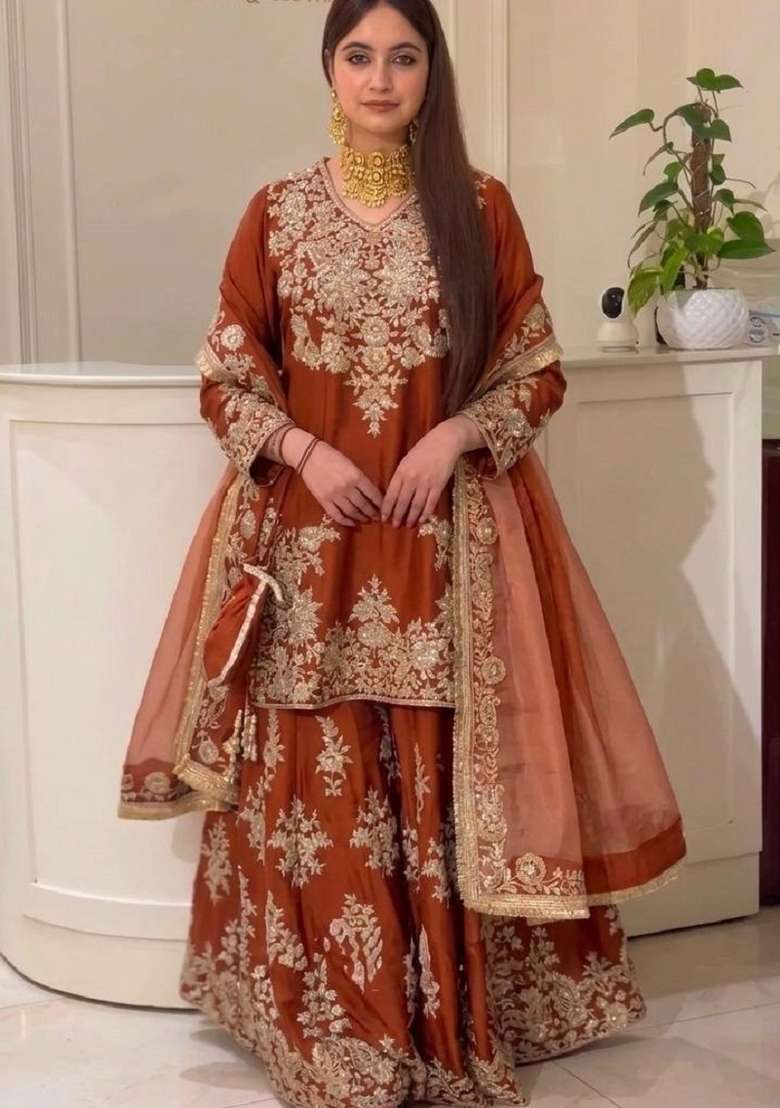 Brown Embroidery Silk Kurta Set - Indya