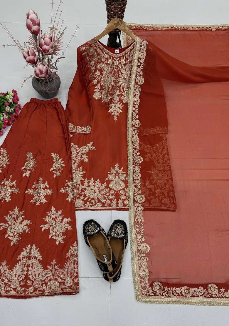 Brown Embroidery Silk Kurta Set - Indya