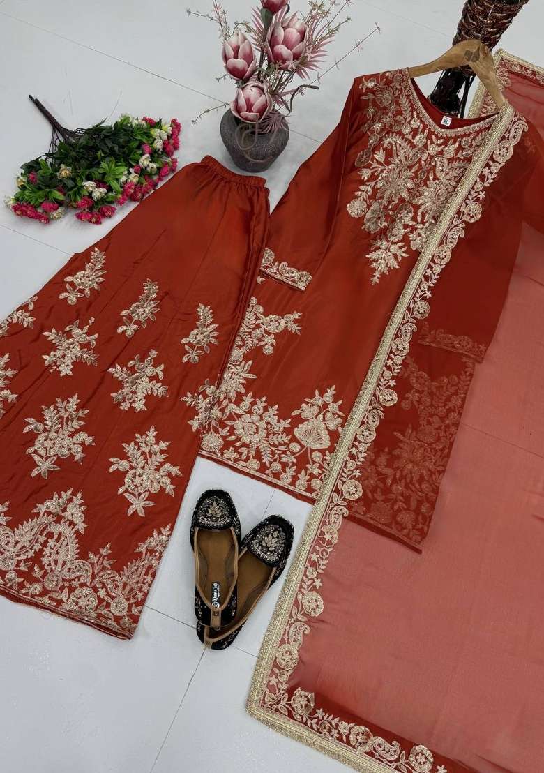 Brown Embroidery Silk Kurta Set - Indya