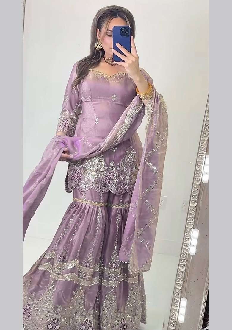 Lavender Embroidery Fendi Sharara Set - Indya
