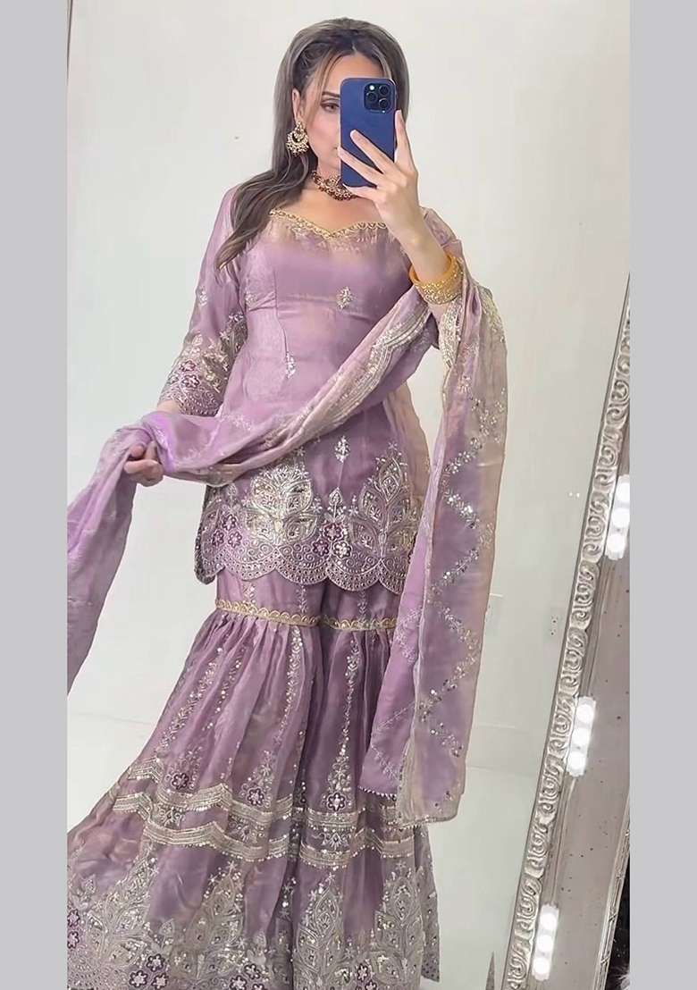 Lavender Embroidery Fendi Sharara Set - Indya