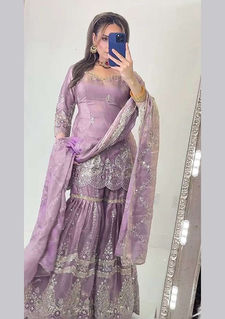 Lavender Embroidery Fendi Sharara Set - Indya