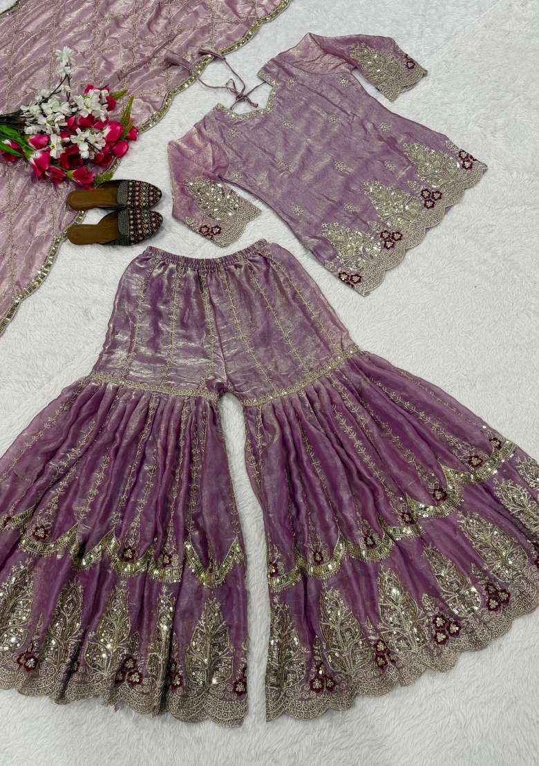 Lavender Embroidery Fendi Sharara Set - Indya