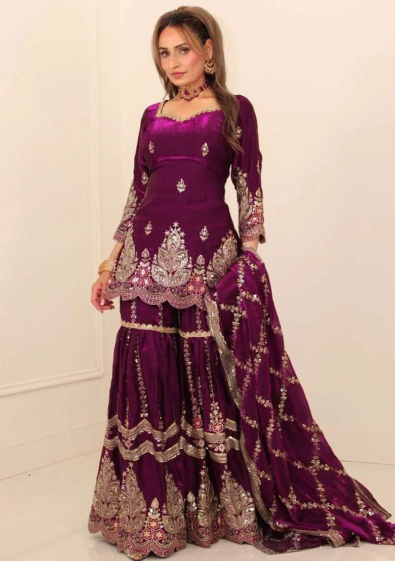 Wine Embroidery Fendi Sharara Set - Indya