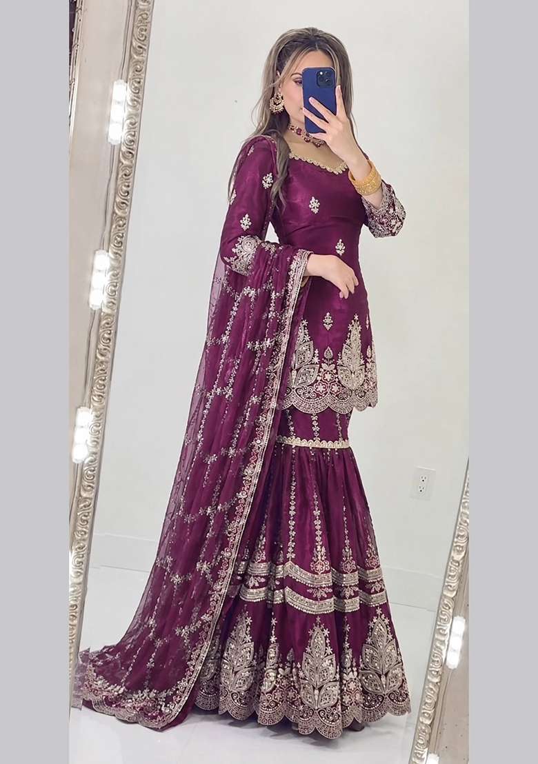 Wine Embroidery Fendi Sharara Set - Indya