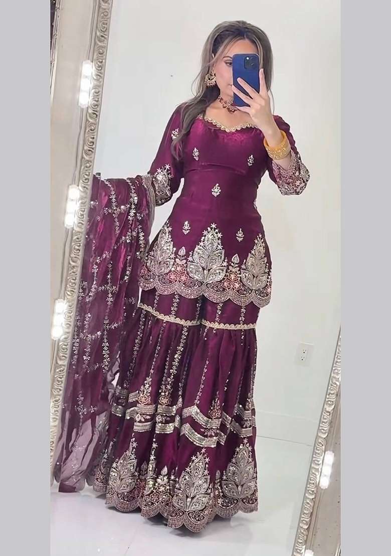 Wine Embroidery Fendi Sharara Set - Indya