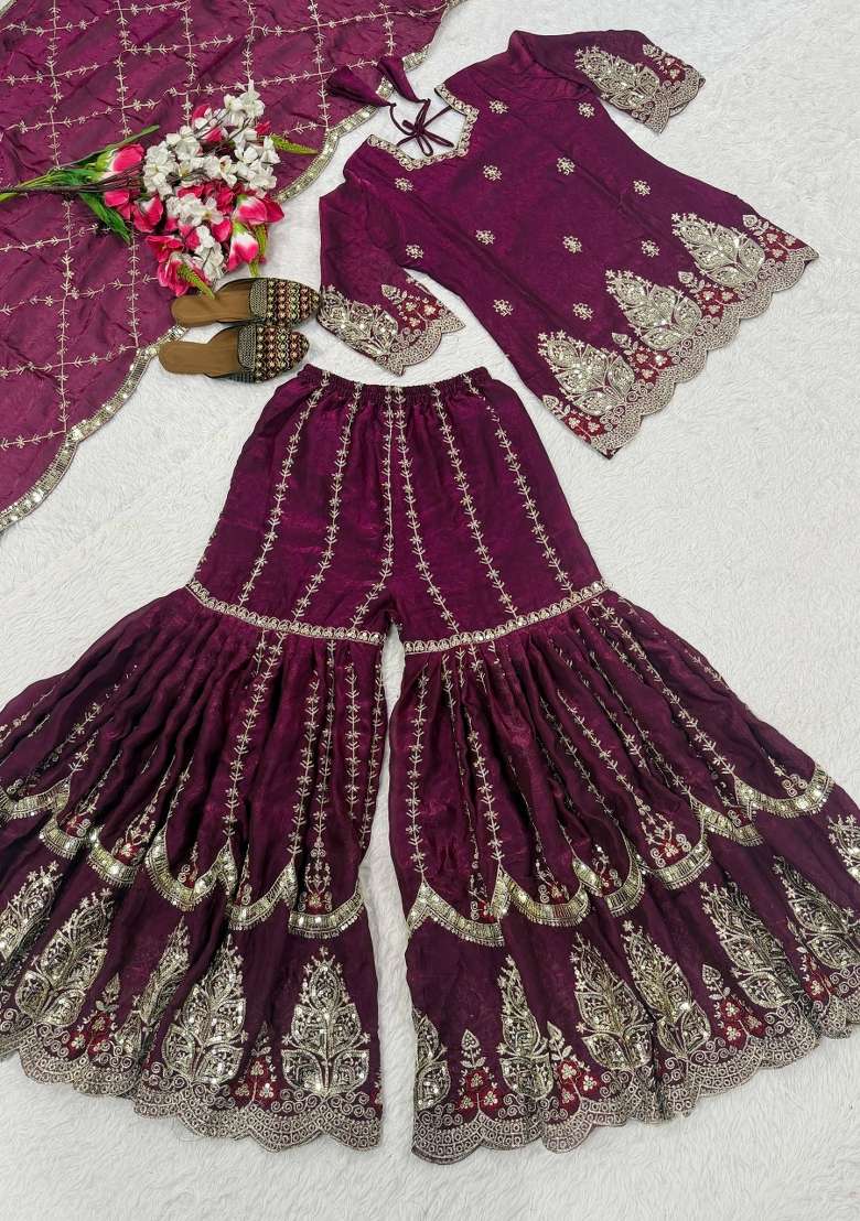 Wine Embroidery Fendi Sharara Set - Indya