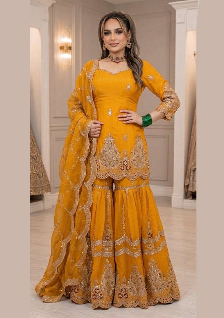 Yellow Embroidery Fendi Sharara Set - Indya