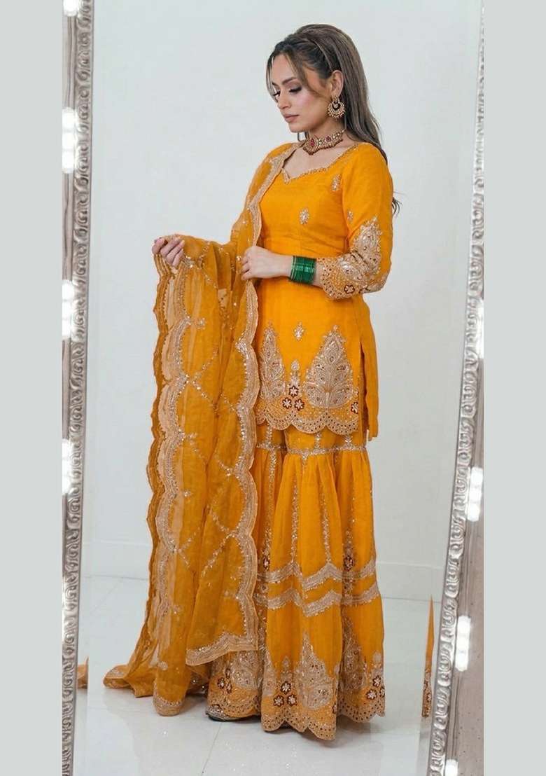 Yellow Embroidery Fendi Sharara Set - Indya