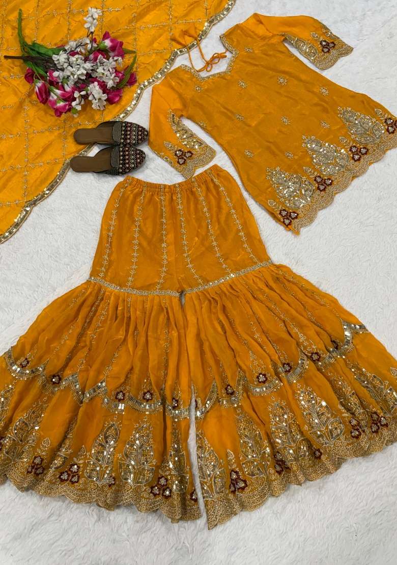 Yellow Embroidery Fendi Sharara Set - Indya
