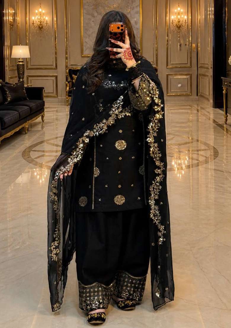 Black Embroidery Georgette Kurta Set - Indya