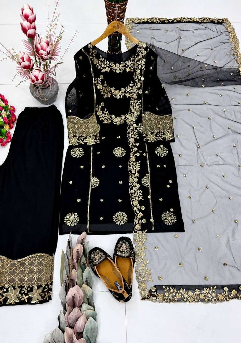 Black Embroidery Georgette Kurta Set - Indya
