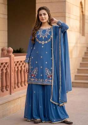 Blue Embroidery Georgette Kurta Set