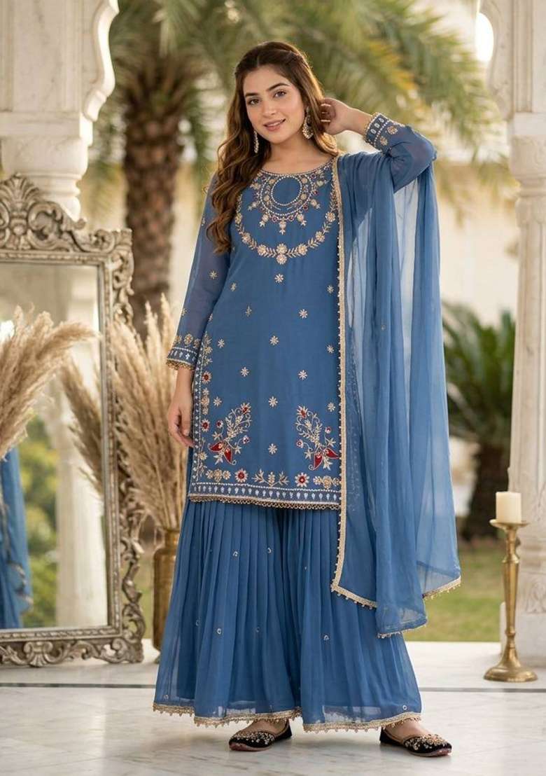 Blue Embroidery Georgette Kurta Set - Indya