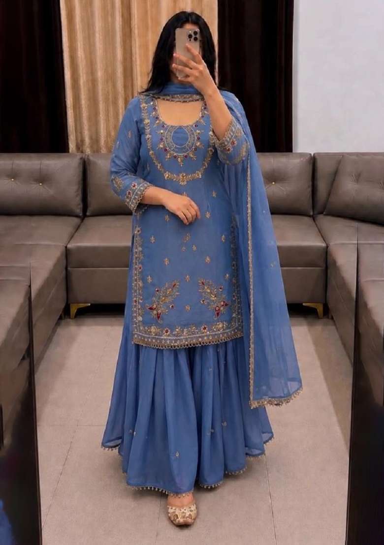 Blue Embroidery Georgette Kurta Set - Indya