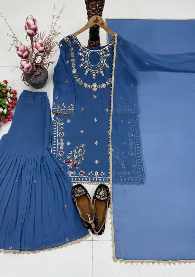 Blue Embroidery Georgette Kurta Set - Indya