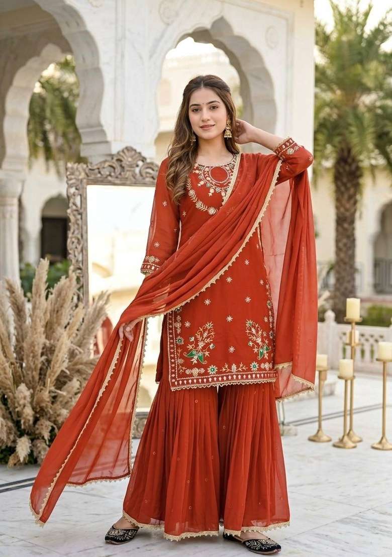 Brown Embroidery Georgette Kurta Set - Indya