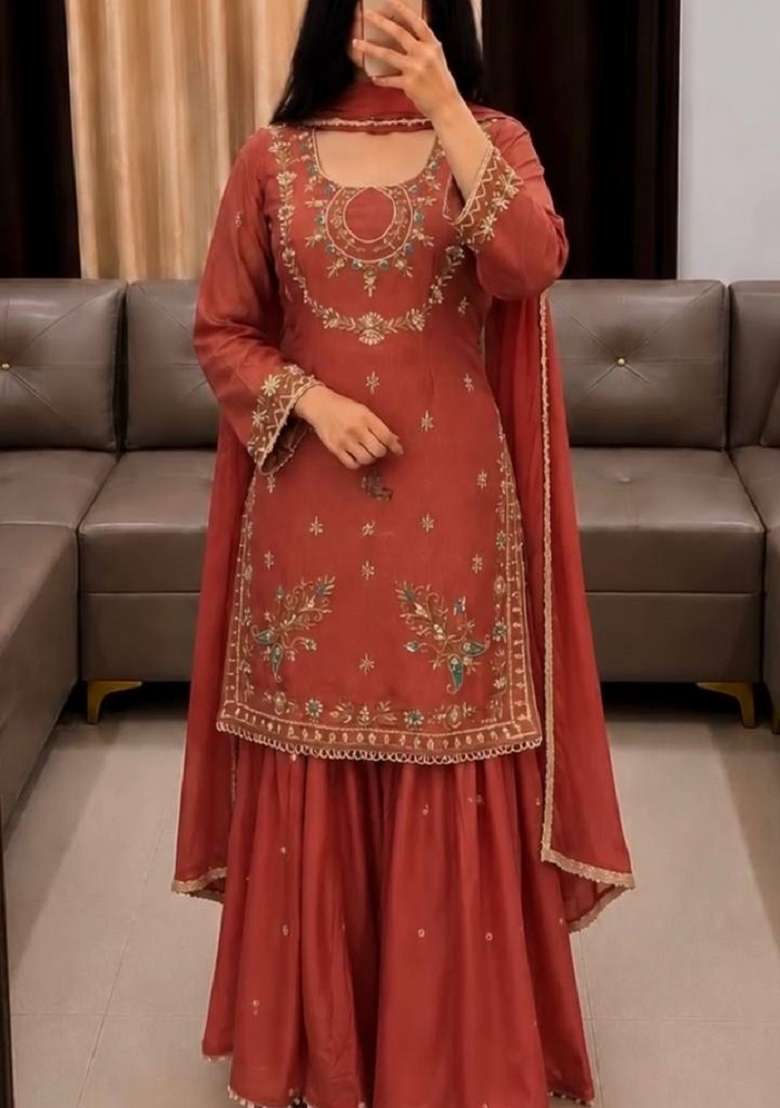 Brown Embroidery Georgette Kurta Set - Indya